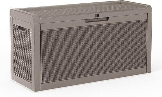 Pepe Tee Waterproof Resin Deck Box, Outdoor Storage Bin for Patio Furniture Cushions, All-Weather Garden Organizer & Seating Bench, Coffee