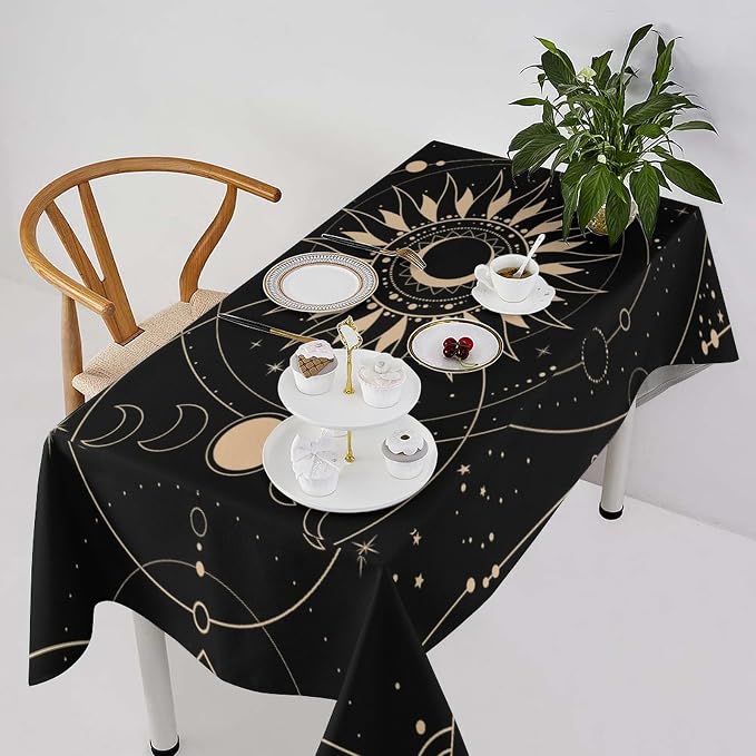 Vintage Tarot Moon Sun Tablecloth Moon Phase Star Galaxy Space Esoteric Astrology Table Cloth Water Resistant Wipeable Table Cover for Farmhouse Picnic Party Holiday Kitchen Dinner Table 55"x75"