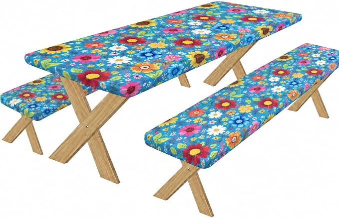 Cinrobiye 3PCS Floral Picnic Table Cover Set Fitted Elastic Waterproof Tablecloth with Bench Covers Blue Flower Camping Table Cover for Outdoor Picnic Camping Backyard BBQ 72 x 30 Inch