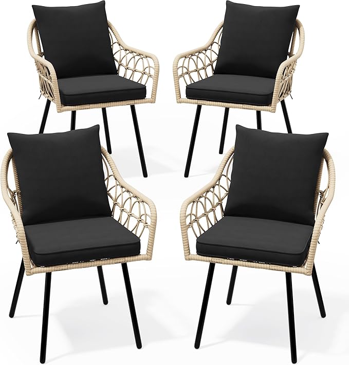 YITAHOME Outdoor Armchairs Set, Handwoven All-Weather Rattan Chairs with Plush Removable Cushions and Sturdy Iron Frame for Patio, Deck, or Poolside (Set of 4)