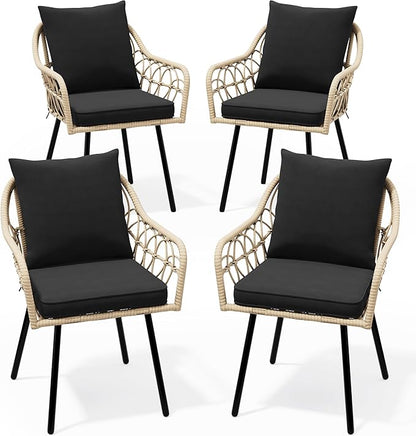 YITAHOME Outdoor Armchairs Set, Handwoven All-Weather Rattan Chairs with Plush Removable Cushions and Sturdy Iron Frame for Patio, Deck, or Poolside (Set of 4)