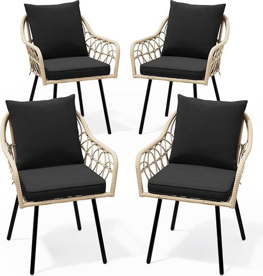 YITAHOME Outdoor Armchairs Set, Handwoven All-Weather Rattan Chairs with Plush Removable Cushions and Sturdy Iron Frame for Patio, Deck, or Poolside (Set of 4)