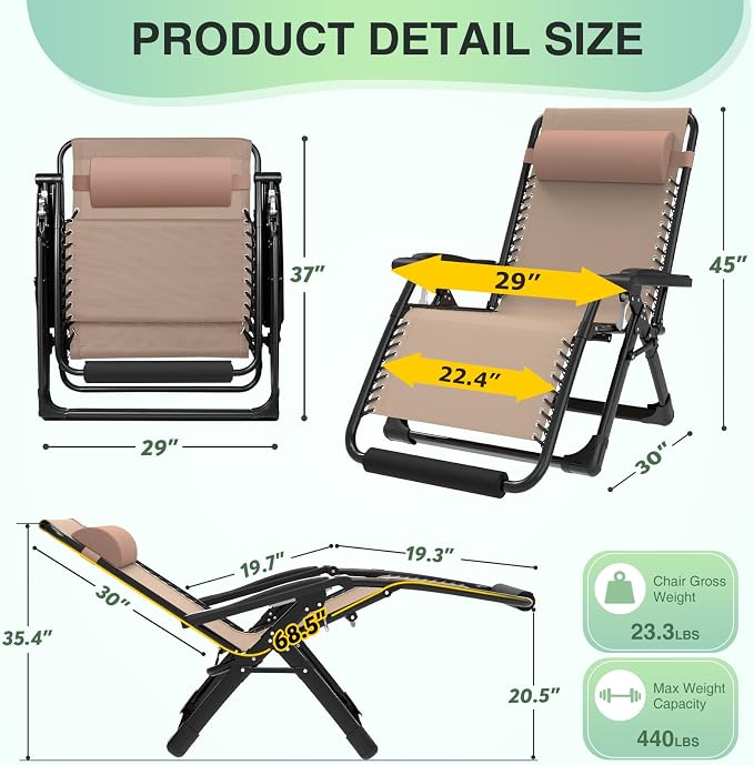 Suteck Oversized Zero Gravity Chair, 29" XL Reclining Lounge Chairs | With Removable Cushion&Headrest, Upgraded Lock and Footrest, Reclining Patio Recliner for Indoor Outdoor