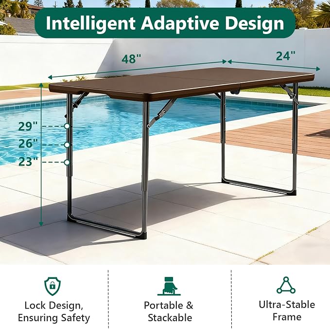 2 Pack Folding Table, 4FT Foldable Picnic Table with Adjustable Height, Heavy Duty Fold-in-Half Portable Table for Weddings, Camping, RV Travel, Parties, BBQs, Easy to Fold and Store, Brown