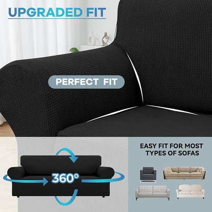 LURKA Stretch Loveseat Couch Cover, 1 Piece 2 Cushion Sofa Slipcover, Black | Soft Stretch Jacquard, Fits 55"-78" Loveseats, Elastic Bottom for Secure Fit, Machine Washable, Pet & Kid Friendly