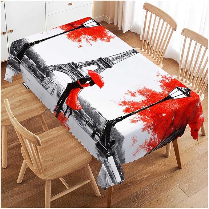 Swono Paris Table Covers 52x70 Inch France Eiffel Tower Couple Umbrella Wipeable Tablecloth Kitchen Dinning Tabletop Decoration, Red Grey Table Cloth for Outdoor and Indoor Use