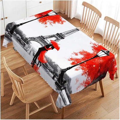 Swono Paris Table Covers 52x70 Inch France Eiffel Tower Couple Umbrella Wipeable Tablecloth Kitchen Dinning Tabletop Decoration, Red Grey Table Cloth for Outdoor and Indoor Use