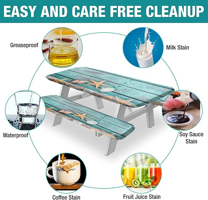 Wood Grain Picnic Table and Bench Fitted Tablecloth Cover, Ocean Mesh Starfish with Shells Print Elastic Edged Rectangluar Table Cover, 28x72 Inch, Great for Picnic Party Outdoor Patio Use, Teal Blue