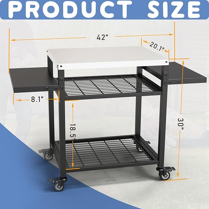Three-Shelf Grill Cart, Stainless Steel & Black, Outdoor Grill Table with Pizza Oven & BBQ Grill Stand
