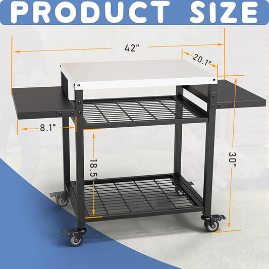 Three-Shelf Grill Cart, Stainless Steel & Black, Outdoor Grill Table with Pizza Oven & BBQ Grill Stand
