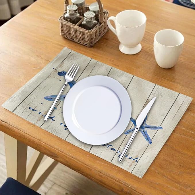 4Pack Vintage Sea Placemats Wood Grain Starfish Hippocampus Seashells Ocean Theme Table Mats Waterproof Heat Resistant Washable Non-Slip Place Mats for Dinner Room Kitchen Decor Table 12”×16”