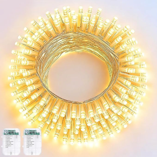 Pooqla 2 Pack String Lights Battery Operated, Total 33.3ft 100 LED Fairy Lights Indoor Outdoor Decorations, 8 Modes Warm White Battery Christmas Lights for Bedroom Classroom Porch Party Yard Decor