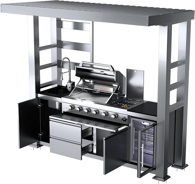 97-Inch 4-Burner 72000 BTU Stainless Steel Propane Gas Grill Outdoor Kitchen Island with Canopy,648Sq.In Cooking Area,Wine Cooler,Refrigerator,Rotisserie,for Backyard BBQ,Silver