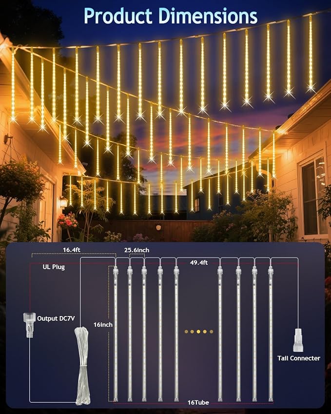 PEMOTech Christmas Lights Outdoor, 16 Tubes 40cm 576 Led Meteor Shower Lights, Waterproof Christmas Decorations Icicle Light for Xmas Tree Halloween Party, Ul Plug,Warm White