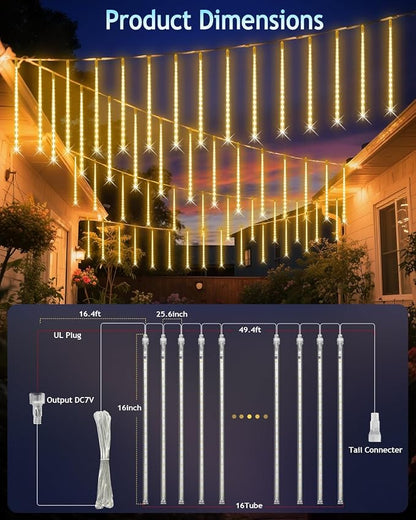 PEMOTech Christmas Lights Outdoor, 16 Tubes 40cm 576 Led Meteor Shower Lights, Waterproof Christmas Decorations Icicle Light for Xmas Tree Halloween Party, Ul Plug,Warm White