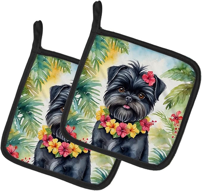 Caroline's Treasures Affenpinscher Luau Pair of Pot Holders Kitchen Heat Resistant Pot Holders Sets Oven Hot Pads for Cooking Baking BBQ, 7 1/2 x 7 1/2