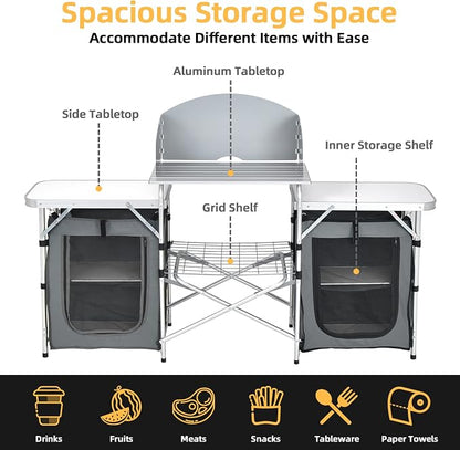 Giantex Camping Kitchen Station, Folding Grill Table with 26'' Tabletop, 2 Side Tables, Storage Organizer, Detachable Windscreen, Portable Camp Cook Outdoor Prep Station Backyard BBQ Picnic (Grey)
