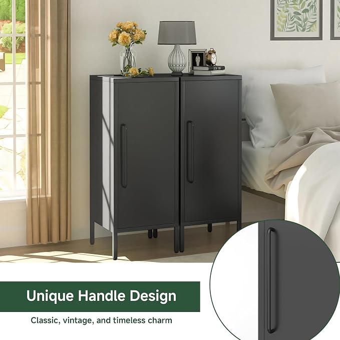 Metal Storage Cabinet with Door & 2 Adjustable Shelves 39.5” Small Storage Cabinet with Magnetic Closure for Home Office Garage Kitchen (Black)