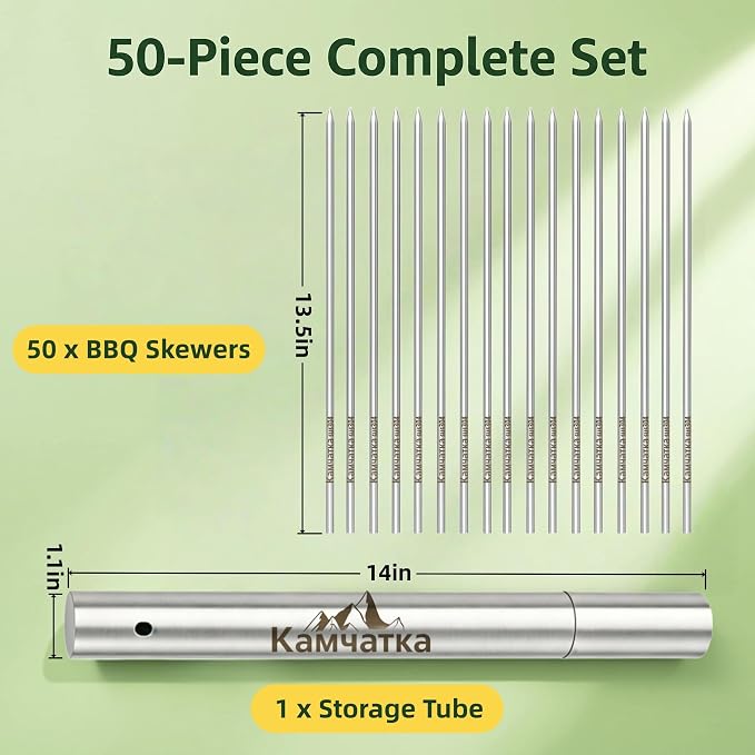 50 Pack 13.5 Inch Stainless Steel BBQ Skewers | Reusable Round Metal Skewers,Rustproof Food Safe Material with Storage Sube, for Meat Seafood Vegetables Kabobs