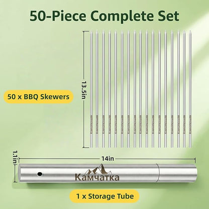 50 Pack 13.5 Inch Stainless Steel BBQ Skewers | Reusable Round Metal Skewers,Rustproof Food Safe Material with Storage Sube, for Meat Seafood Vegetables Kabobs