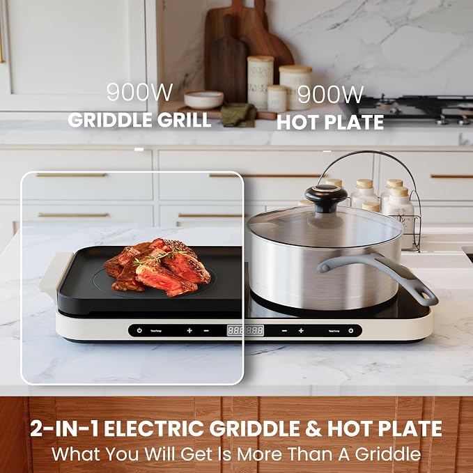 AEWHALE Electric Glass Cooktop 2 Burners | Removable Griddle Pan, Ceramic Non-stick, 900W+900W, Sensor Touch, Adjustable Temperature/Time