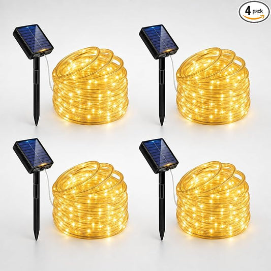 Solar Rope Lights, 4Pack 20FT 60 LED Solar Fairy Lights with 8 Lighting Modes, IP65 Waterproof Strip Light Outdoor for Garden Yard Patio Deck Fence Tree Party Holiday Decoration, Warm White