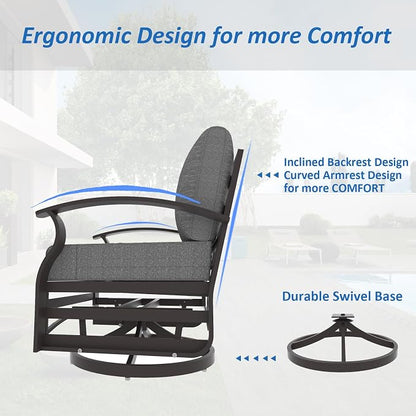 ALAULM 5 Piece Aluminum Outdoor Swivel Chairs High Back Metal Swivel Rocking Chairs with 5.1" Sponge Cushions, 2 Ottmans and 1 Coffee Table for Patio, Porch, Backyards, Garden(Grey)