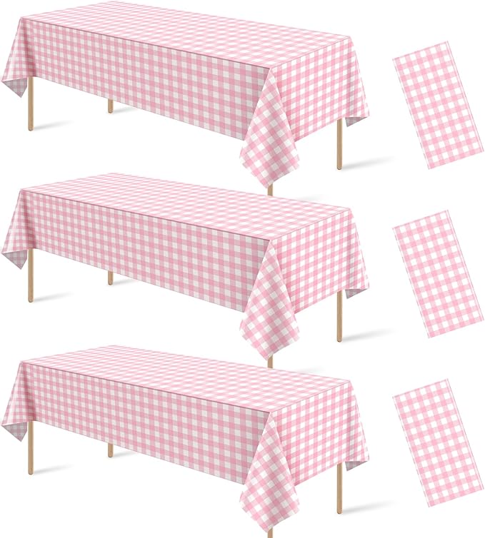 3Pcs Pink Gingham Tablecloths, Checkered Party Table Covers 54x108 In | Pink and White Checkered Tablecloths Disposable Waterproof for Baby & Bridal Shower Picnic Camping Girls Birthday Party