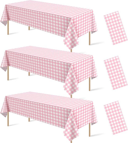 3Pcs Pink Gingham Tablecloths, Checkered Party Table Covers 54x108 In | Pink and White Checkered Tablecloths Disposable Waterproof for Baby & Bridal Shower Picnic Camping Girls Birthday Party