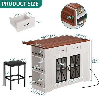 YITAHOME Kitchen Island with Seating | 47 Inch Mobile Storage Island with Drop Leaf, Power Outlet & Spice Rack, 2 Upholstered Stools and Footrest
