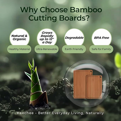 Keechee Butcher Block 2-Pcs Carbonized Bamboo Cutting Board Set With Juice Groove For Meal Prep & Cheese Serving - Ideal Kitchen Gift Set of 2 (M+L)