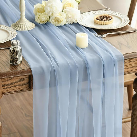 Blue Shimmery Glitter Chiffon Table Runner 35x120 Inches for Wedding Bridal Shower Outdoor Dining Party Table Decor