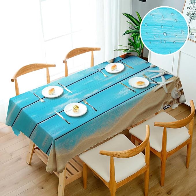Swono Sea Shells Table Covers 52x70 Inch Blue Wooden Sea Rope Seashells Starfish Wipeable Tablecloth Kitchen Dinning Tabletop Decoration, Table Cloth for Outdoor and Indoor Use