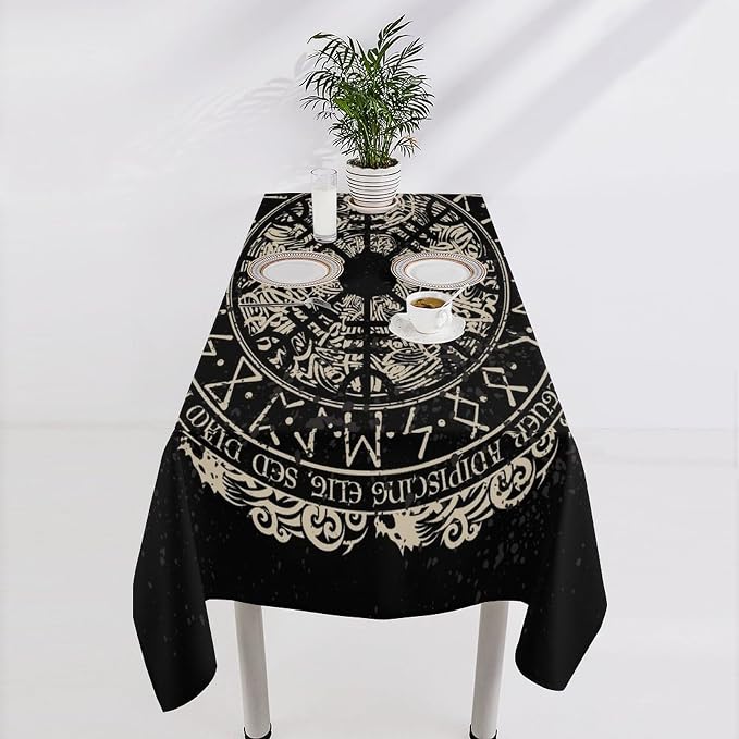 Vintage Viking Pattern Tablecloth, Viking Ancient Runic Helmet of Awe Celtic Dragon Table Cloth Water Resistant Wipeable Table Cover for Farmhouse Party Holiday Kitchen Dinner Table 55x55"