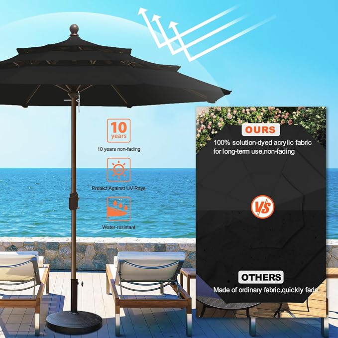 Eurmax USA 10-Year-Non-Fading 10FT 3-Tier Outdoor Patio Market Umbrella,UPF50+ UV Resistant,Heavy Duty Commercial Grade,Crank Lift Design,Windproof Vented Top for Garden,Pool,Deck,Black