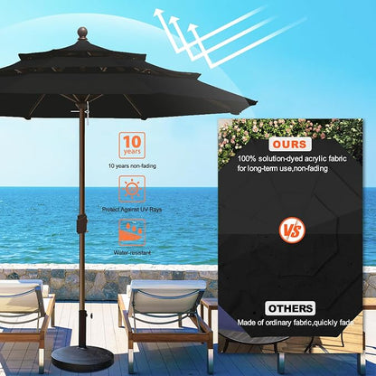 Eurmax USA 10-Year-Non-Fading 10FT 3-Tier Outdoor Patio Market Umbrella,UPF50+ UV Resistant,Heavy Duty Commercial Grade,Crank Lift Design,Windproof Vented Top for Garden,Pool,Deck,Black