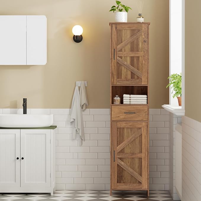 Homhedy 67" H Tall Bathroom Storage Cabinet with Barn Doors and Drawer | Narrow Storage Unit with Adjustable Shelves, Floor Cabinet for Bathroom, Living Room, Entryway,Kitchen,Rustic Walnut, 15.7" W