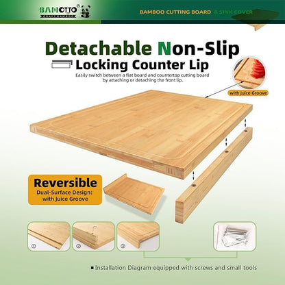 BAMOTTO CRAFTBAMBOO Bamboo Cutting Board for Kitchen 12.6"x17.7", Reversible with Dual Juice Grooves, Detachable Front Lip for Counter & Over-Sink, Large Chopping Board for Bread Meat Vegetables