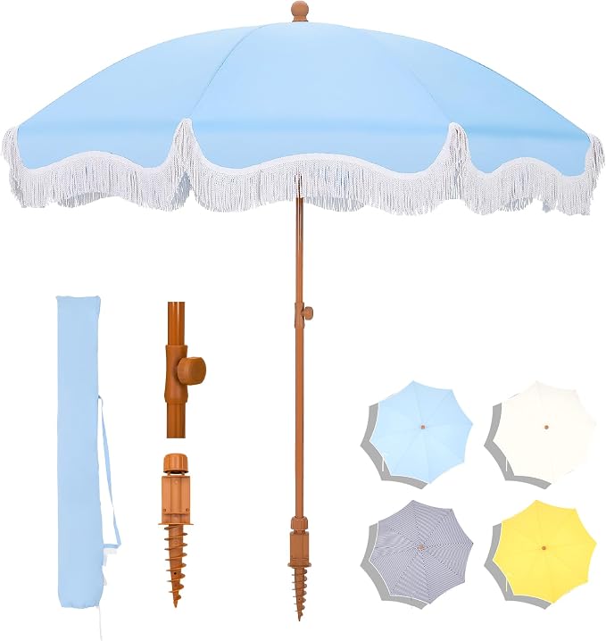 7ft Patio Beach Umbrella with Fringe, Outdoor Umbrella for Poolside, Blue | MFSTUDIO Tassel Umbrellas UPF50+ with Sand Anchor & Tilt Button, Holiday Outdoor Umbrella with Carry Bag, Ideal for Garden