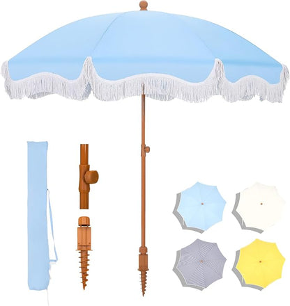 7ft Patio Beach Umbrella with Fringe, Outdoor Umbrella for Poolside, Blue | MFSTUDIO Tassel Umbrellas UPF50+ with Sand Anchor & Tilt Button, Holiday Outdoor Umbrella with Carry Bag, Ideal for Garden