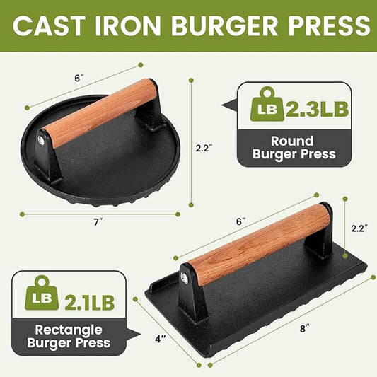 Blackstone Burger Press Set - 7" Round Smash Burger Press & 8"x4" Rectangle Cast Iron Grill Press with Wooden Handle - Smasher is Perfect for Blackstone Griddle, Pitboss Weber Griddle Grills