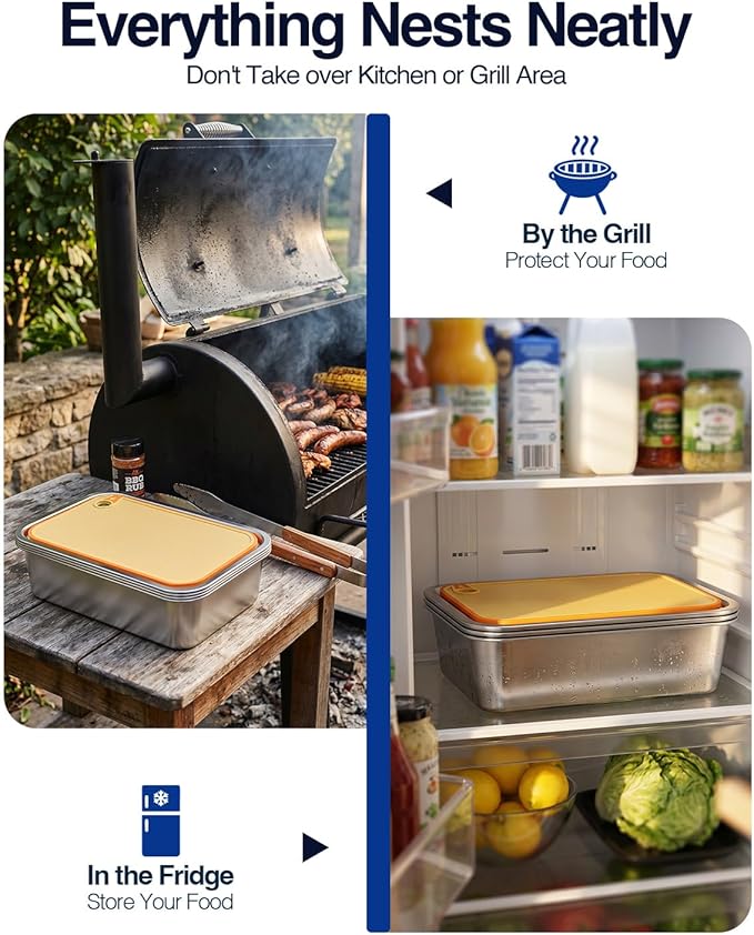 Pro 6 in 1 Grill Prep Tray and Carry System, Large Grilling Prep and Serve Tays with Lid and Cutting Board, Deep Meat Marinating Container as BBQ Grilling Gift, Pro Series, L
