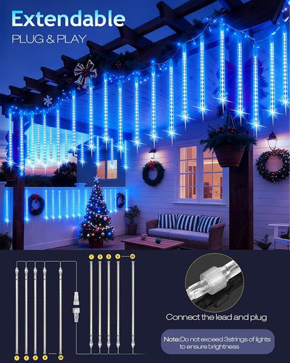 PEMOTech Christmas Lights Outdoor,24 Tubes 30cm 576 Led Meteor Shower Lights, Waterproof Christmas Decorations Icicle Light for Xmas Tree Halloween Party, Outdoor Christmas Decorations,Ul Plug,Blue