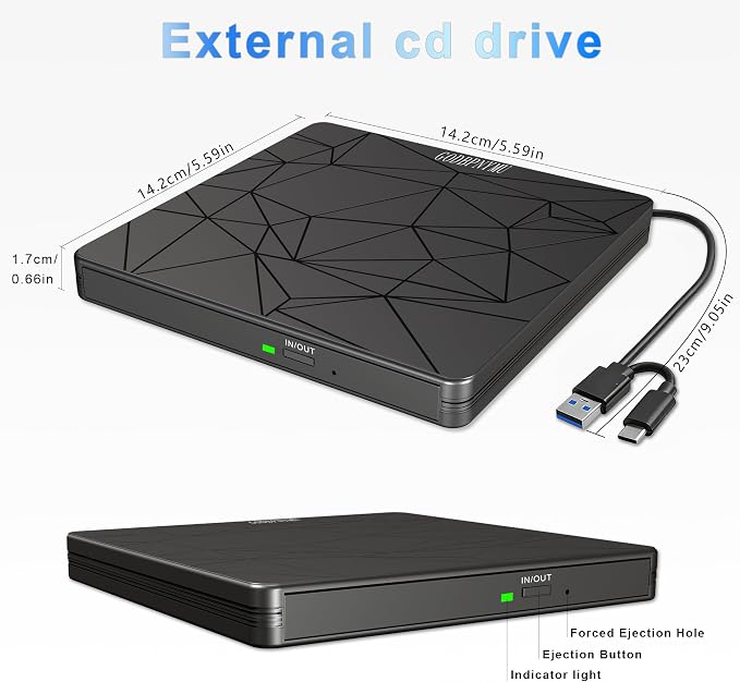 External DVD Drive USB 3.0 USB-C CD Burner CD/DVD Player | Portable CD DVD Disc Copier for Laptops and PC Plug & play Compatible with Windows 7/8/10/11, Linux, and Mac OS