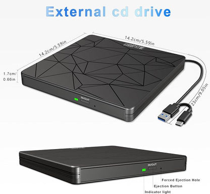 External DVD Drive USB 3.0 USB-C CD Burner CD/DVD Player | Portable CD DVD Disc Copier for Laptops and PC Plug & play Compatible with Windows 7/8/10/11, Linux, and Mac OS