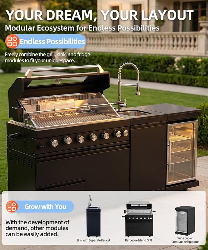 Outdoor Kitchen Island Barbecue Grill with Refrigerator & Rotisserie, Heavy-Duty Stainless Steel Freestanding Grills Station, Weather-Resistant Cooking Cabinet for Backyard & Summer Propane Gas