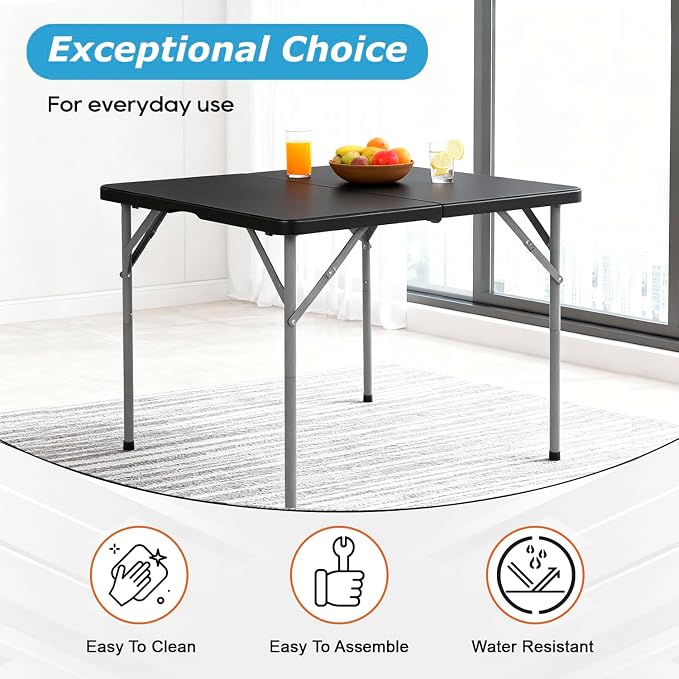 PayLessHere 34" Square Plastic Folding Card Table, Portable Outdoor Dining Table with Collapsible Legs and Carrying Handle,Plastic Tables for Camping,Picnic, Office, Party, Black