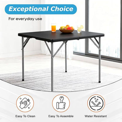 PayLessHere 34" Square Plastic Folding Card Table, Portable Outdoor Dining Table with Collapsible Legs and Carrying Handle,Plastic Tables for Camping,Picnic, Office, Party, Black
