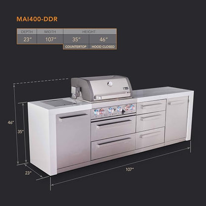 Mont Alpi 107"W x 23"D Deluxe Stainless Steel Premium Modular Outdoor Kitchen Island with Infrared Side Burner + 32"W 4-Burner BBQ Gas Grill + White Granite Countertops + Storage Cabinets + Cover
