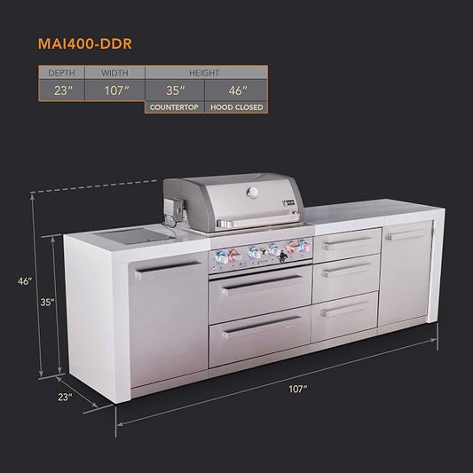 Mont Alpi 107"W x 23"D Deluxe Stainless Steel Premium Modular Outdoor Kitchen Island with Infrared Side Burner + 32"W 4-Burner BBQ Gas Grill + White Granite Countertops + Storage Cabinets + Cover